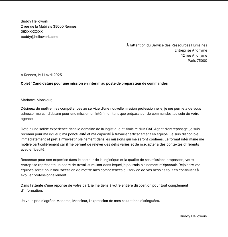 Modèle lettre de motivation Intérim Exemple lettre de motivation Intérim