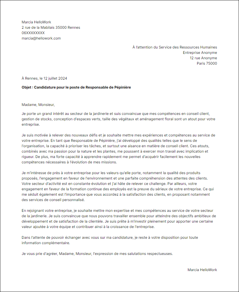 Modèle lettre de motivation pour le secteur Jardinerie Exemple lettre de motivation pour le secteur Jardinerie