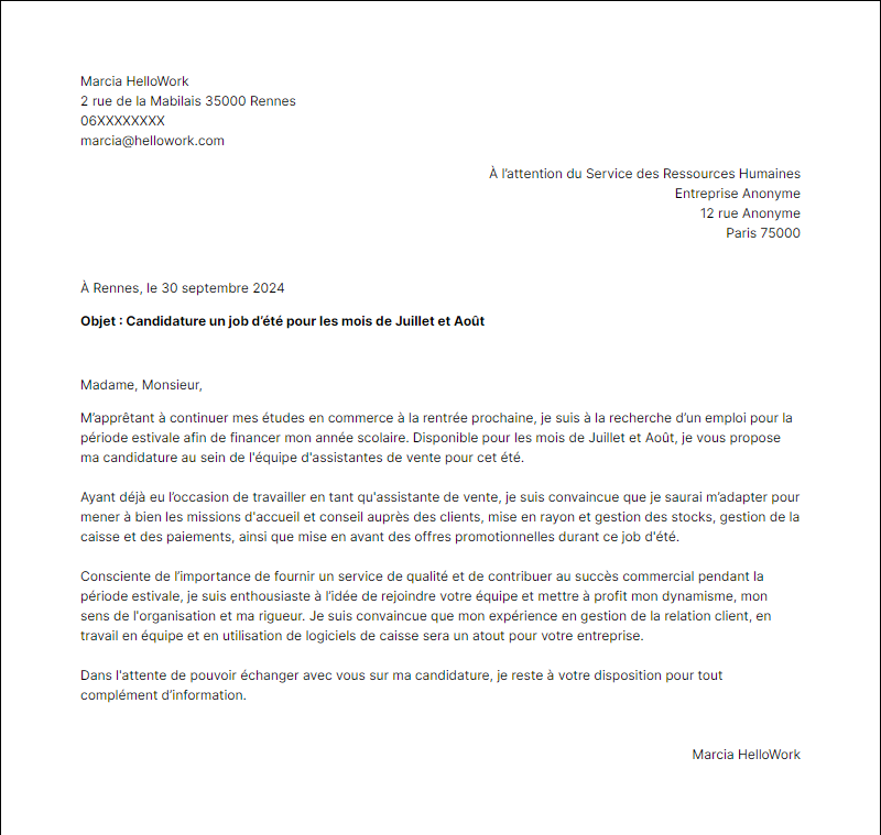 Modèle lettre de motivation Job été Exemple lettre de motivation Job été