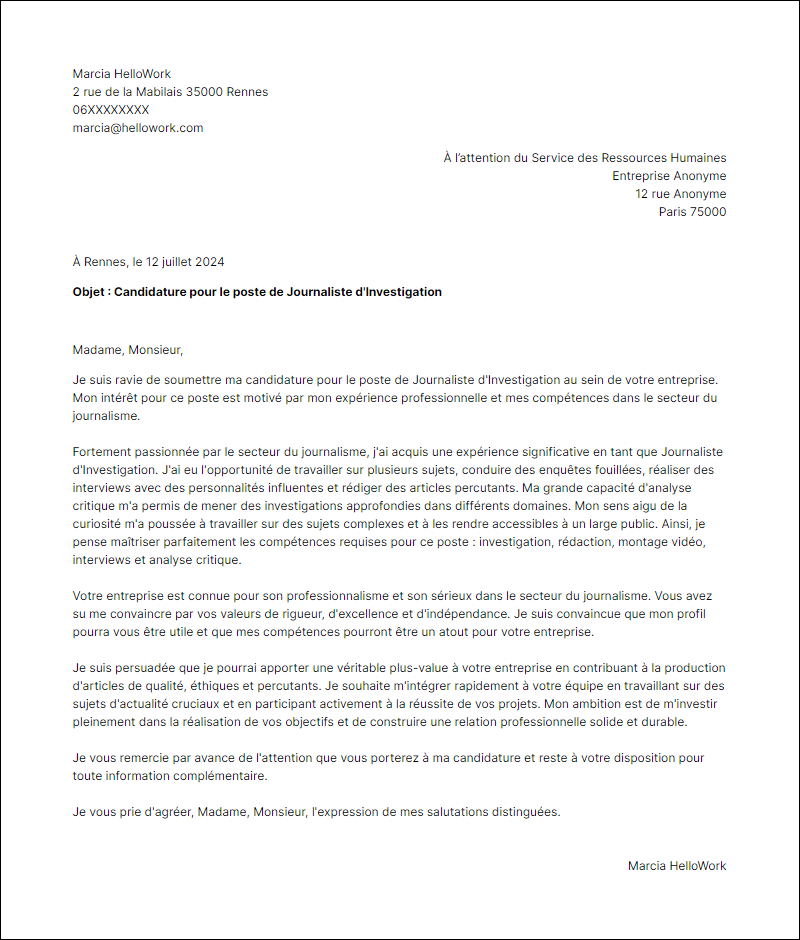 Modèle lettre de motivation pour le secteur Journalisme Exemple lettre de motivation pour le secteur Journalisme