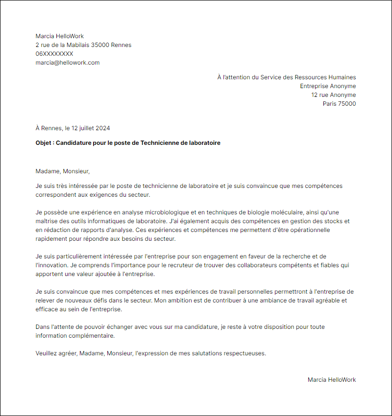 Modèle lettre de motivation pour le secteur Laboratoire Exemple lettre de motivation pour le secteur Laboratoire