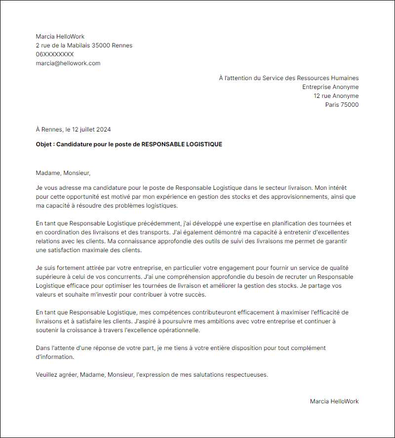 Modèle lettre de motivation pour le secteur Livraison Exemple lettre de motivation pour le secteur Livraison