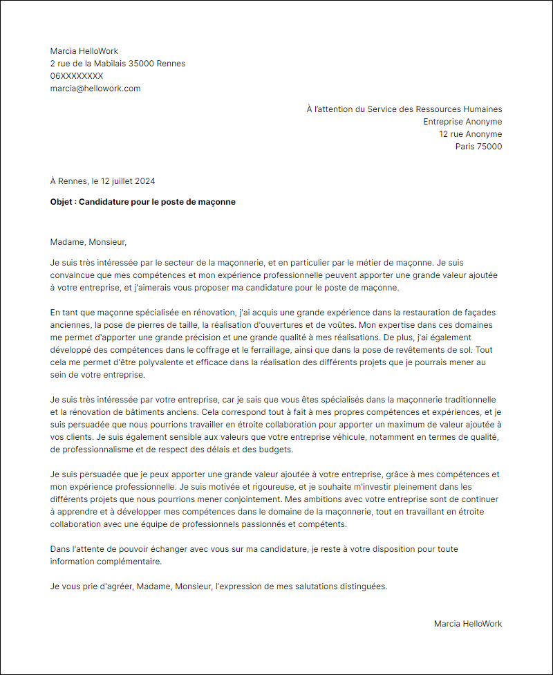 Modèle lettre de motivation pour le secteur Maçonnerie Exemple lettre de motivation pour le secteur Maçonnerie