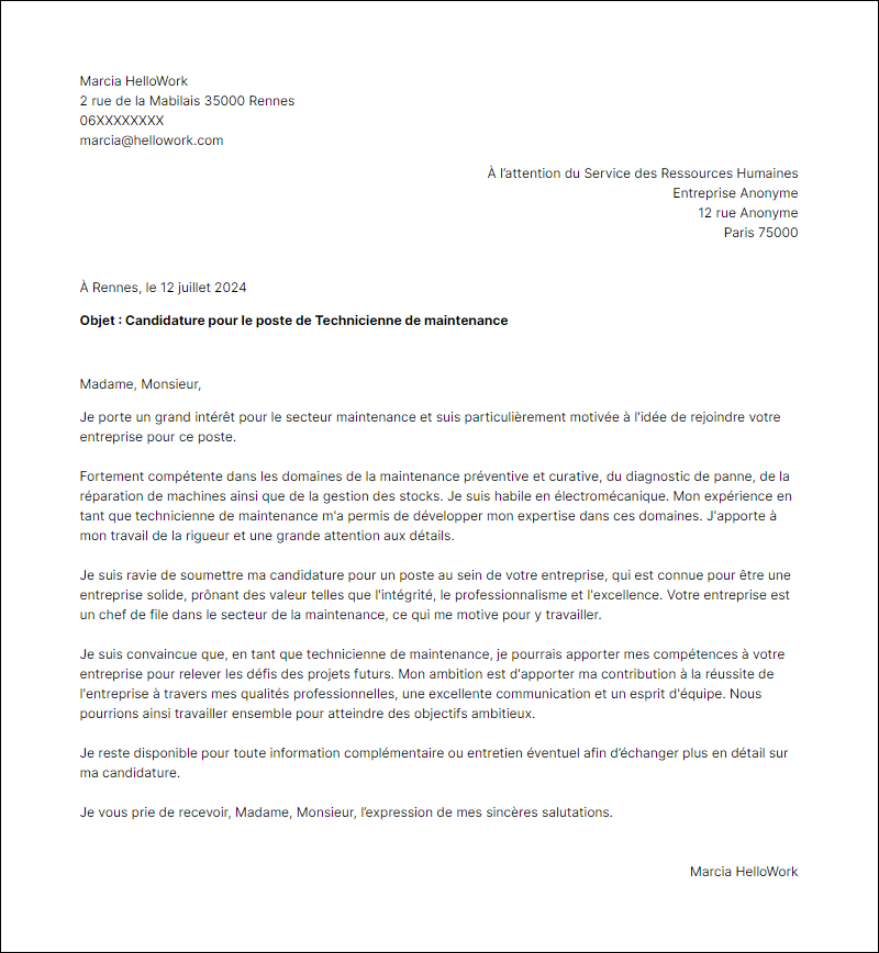 Modèle lettre de motivation pour le secteur Maintenance Exemple lettre de motivation pour le secteur Maintenance