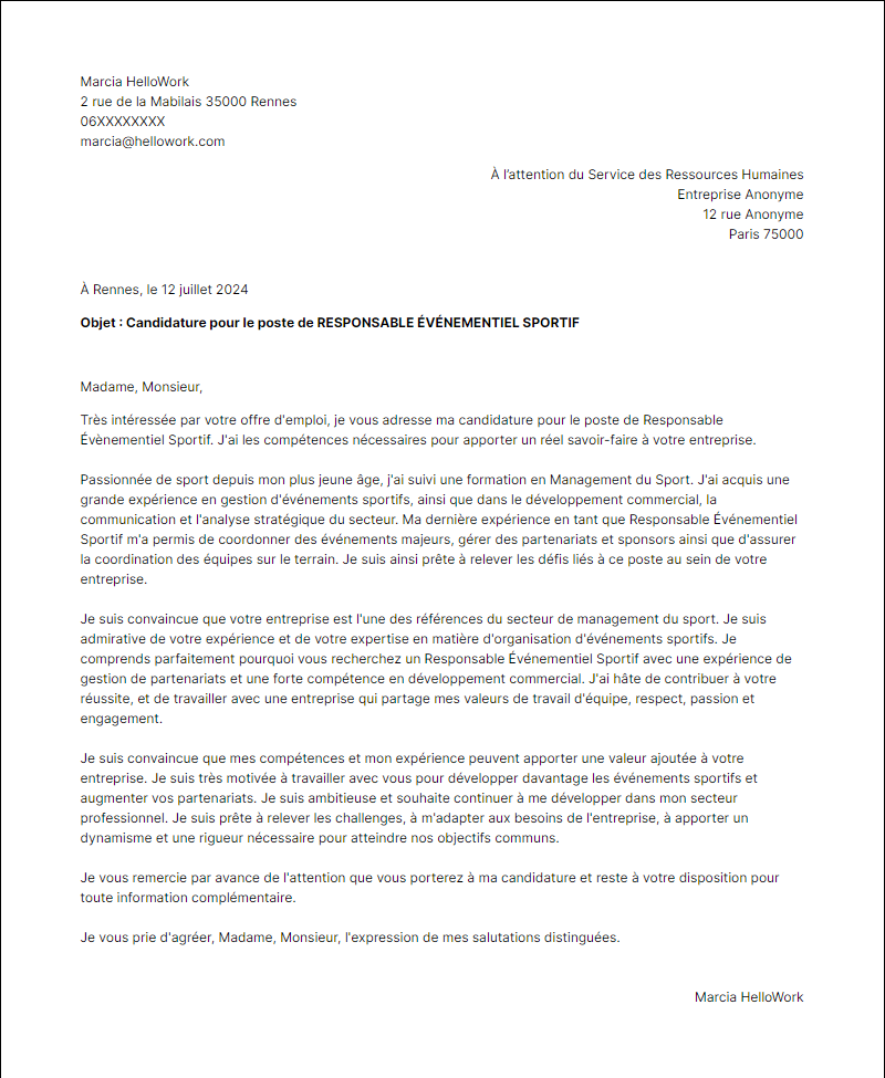 Modèle lettre de motivation pour le secteur Management du sport Exemple lettre de motivation pour le secteur Management du sport