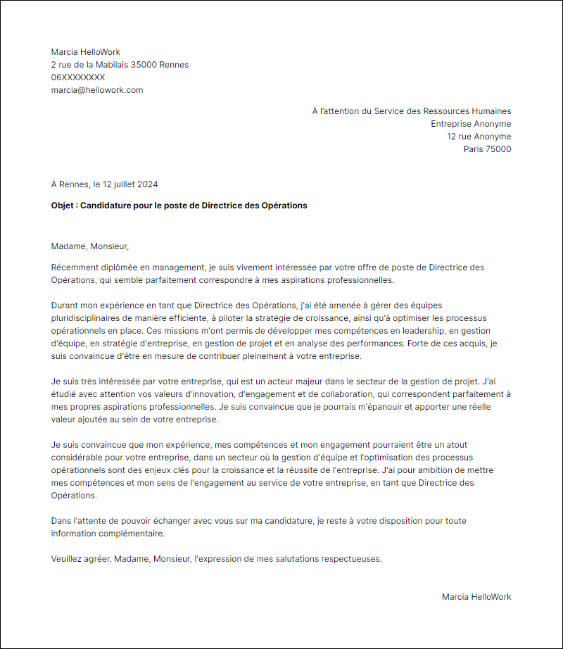 Modèle lettre de motivation pour le secteur Management Exemple lettre de motivation pour le secteur Management