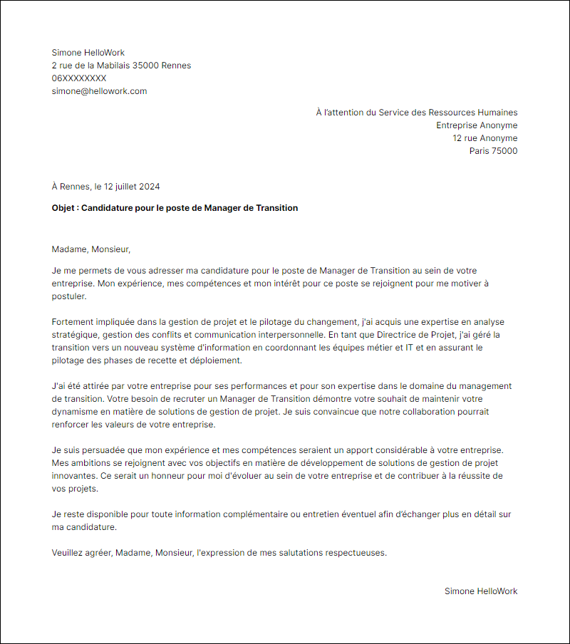 Modèle lettre de motivation en tant que Manager de transition Exemple lettre de motivation en tant que Manager de transition