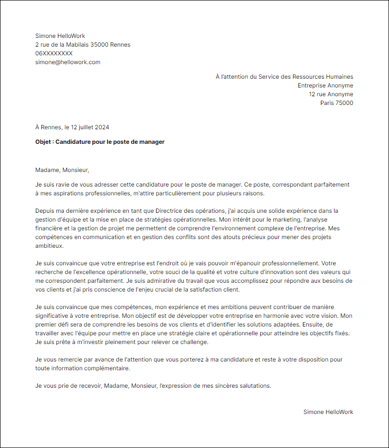 Modèle lettre de motivation en tant que Manager Exemple lettre de motivation en tant que Manager