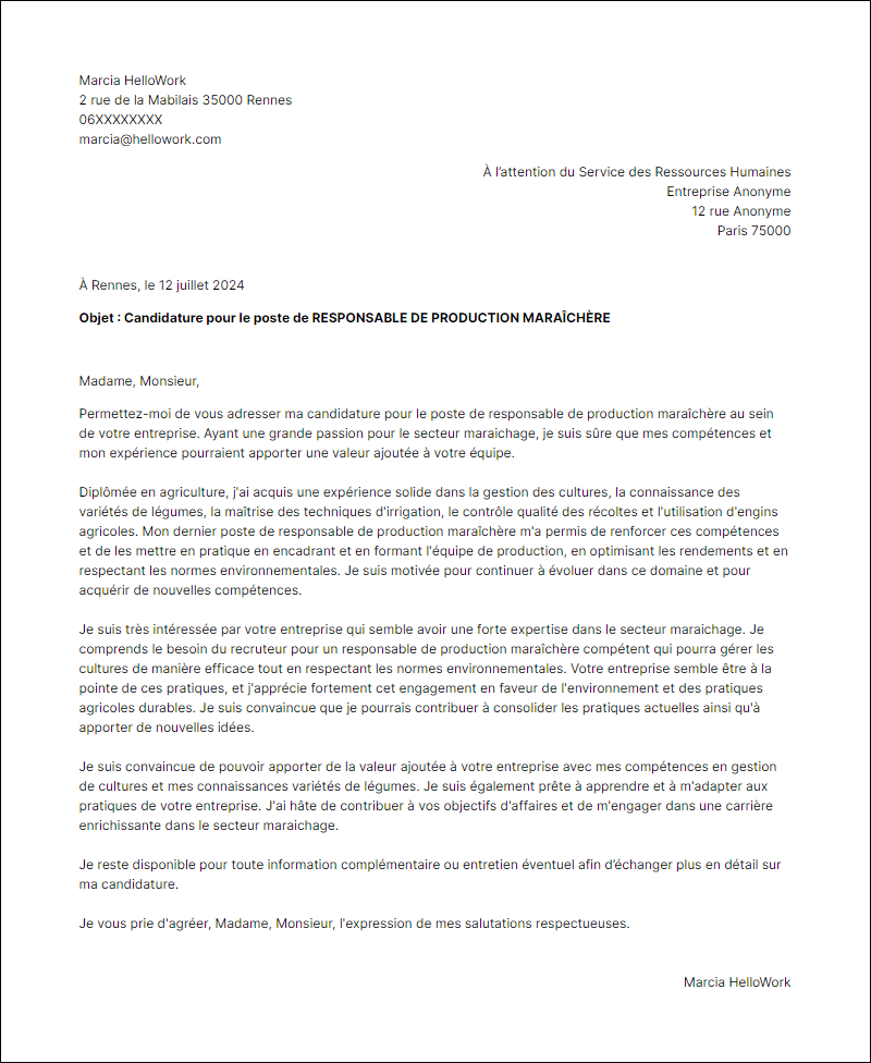 Modèle lettre de motivation pour le secteur Maraichage Exemple lettre de motivation pour le secteur Maraichage
