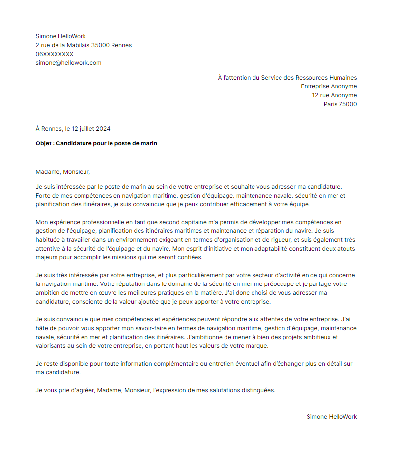 Modèle lettre de motivation en tant que Marin Exemple lettre de motivation en tant que Marin