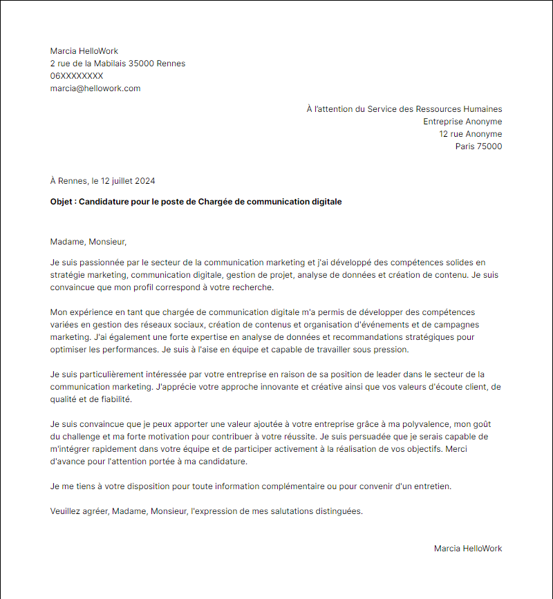 Modèle lettre de motivation pour le secteur Marketing Communication Exemple lettre de motivation pour le secteur Marketing Communication