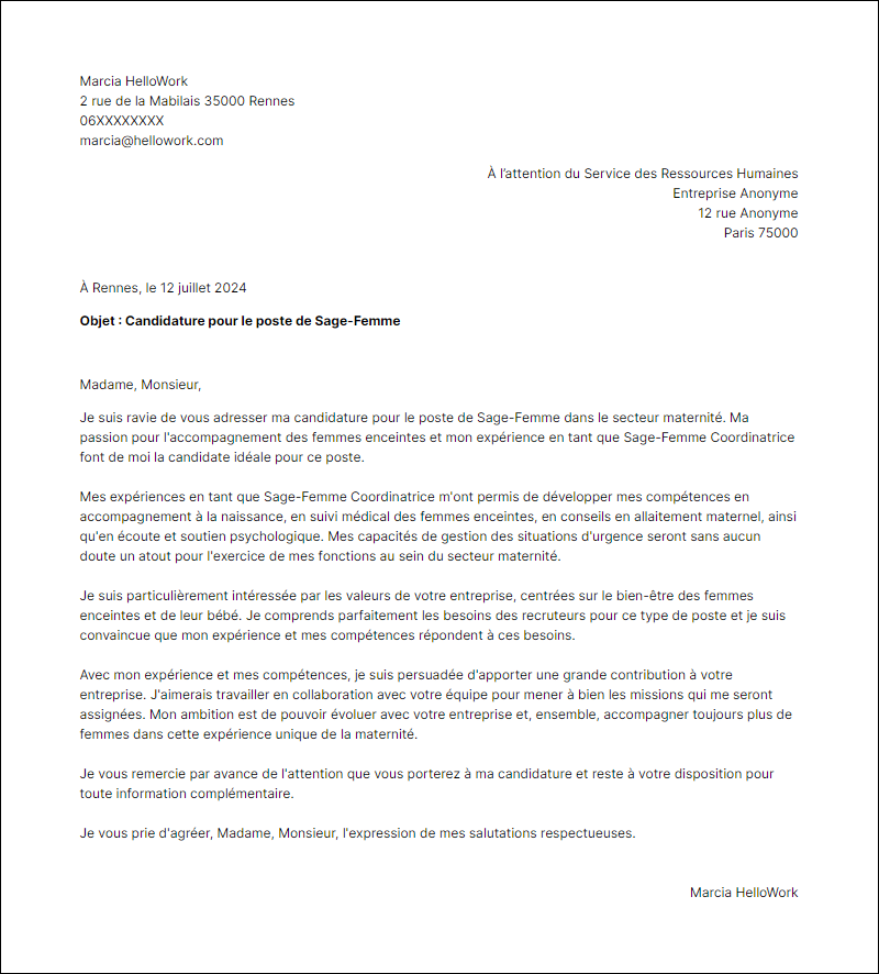 Modèle lettre de motivation pour le secteur Maternité Exemple lettre de motivation pour le secteur Maternité