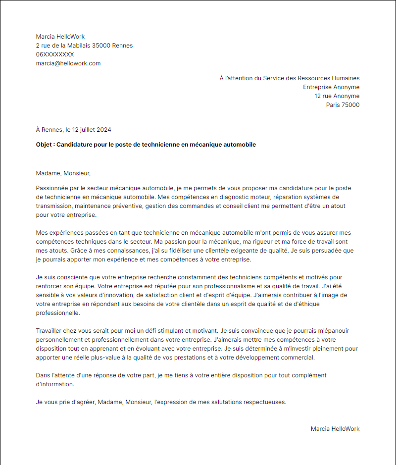 Modèle lettre de motivation pour le secteur Mécanique automobile Exemple lettre de motivation pour le secteur Mécanique automobile