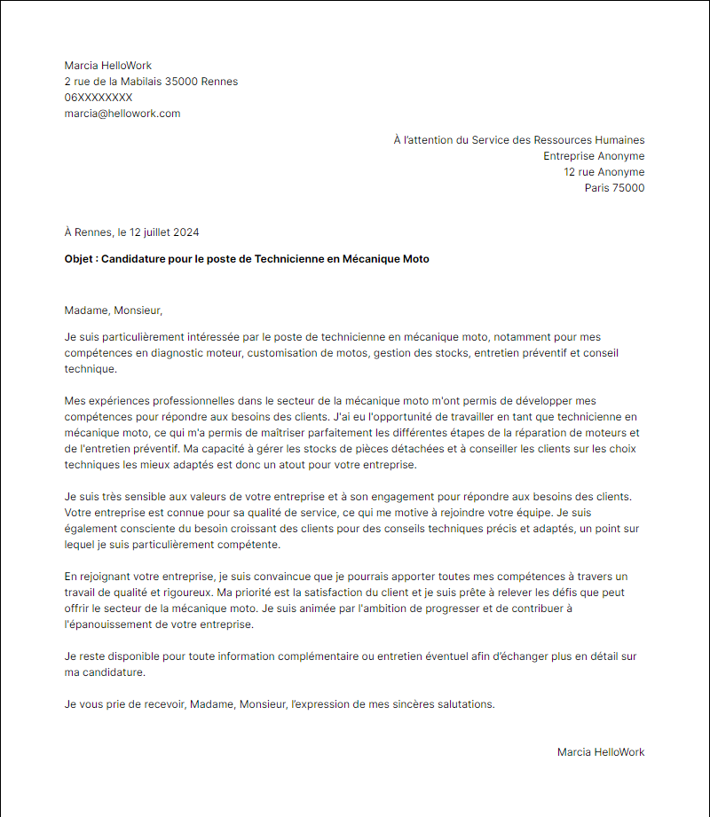 Modèle lettre de motivation pour le secteur Mécanique moto Exemple lettre de motivation pour le secteur Mécanique moto