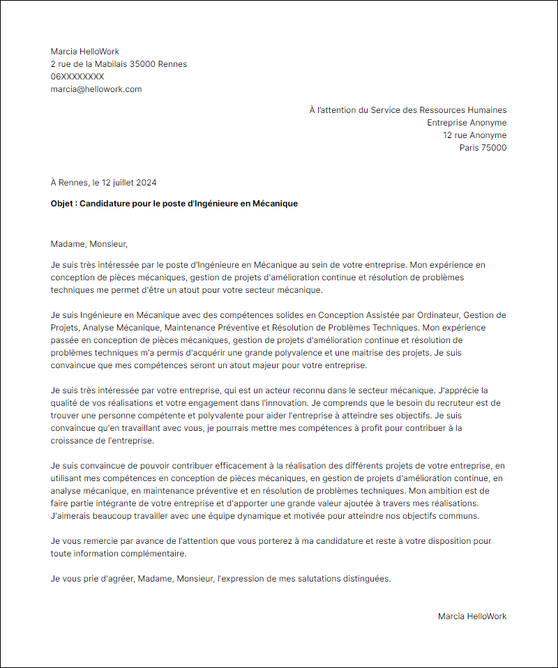 Modèle lettre de motivation pour le secteur Mécanique Exemple lettre de motivation pour le secteur Mécanique