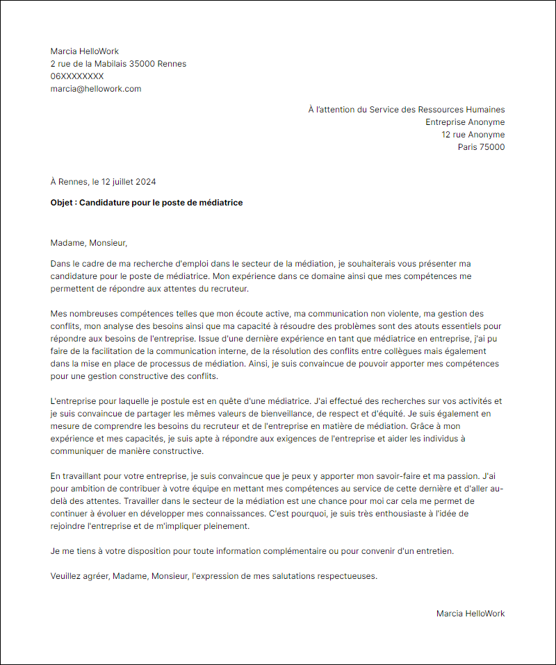 Modèle lettre de motivation pour le secteur Mediation Exemple lettre de motivation pour le secteur Mediation