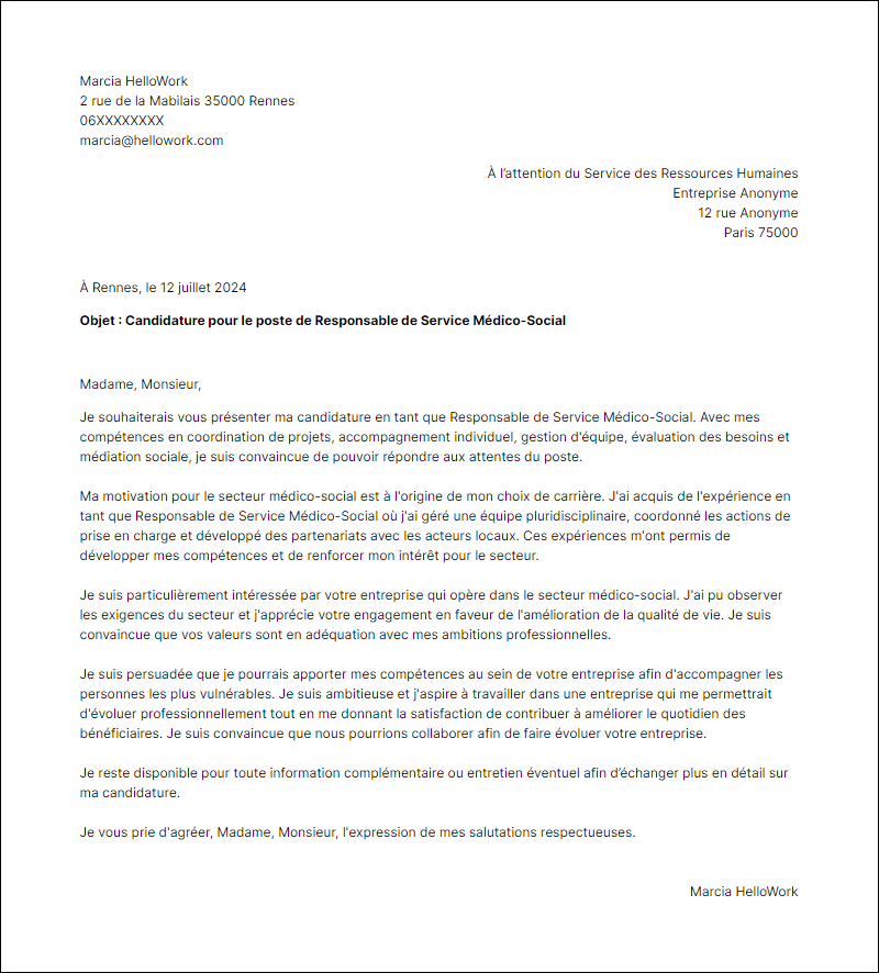 Modèle lettre de motivation pour le secteur Medico social Exemple lettre de motivation pour le secteur Medico social