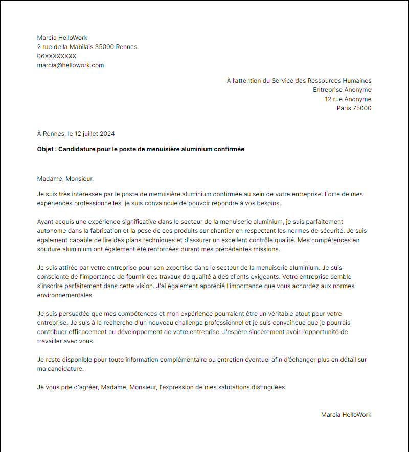 Modèle lettre de motivation pour le secteur Menuiserie aluminium Exemple lettre de motivation pour le secteur Menuiserie aluminium