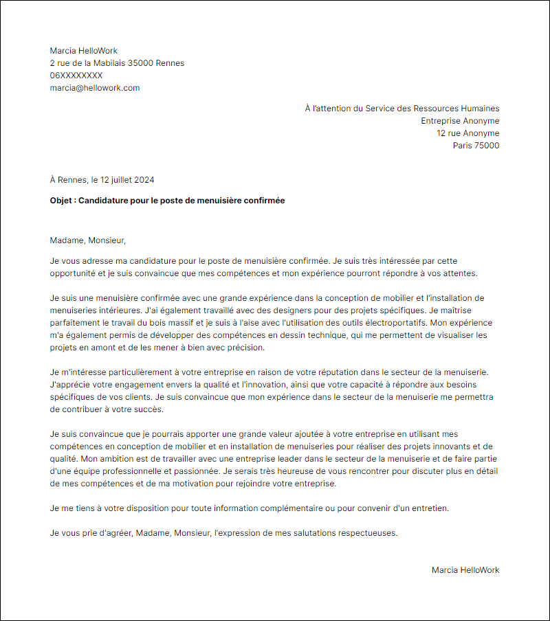 Modèle lettre de motivation pour le secteur Menuiserie Exemple lettre de motivation pour le secteur Menuiserie