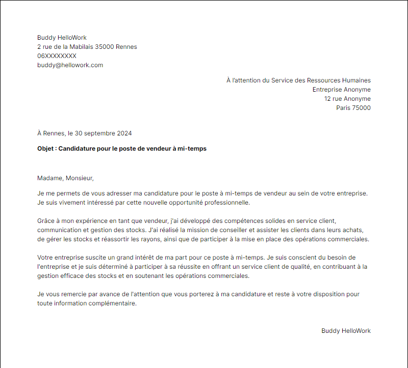 Modèle lettre de motivation Mi temps Exemple lettre de motivation Mi temps