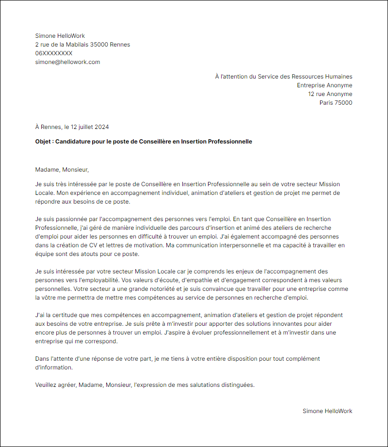Modèle lettre de motivation pour le secteur Mission locale Exemple lettre de motivation pour le secteur Mission locale