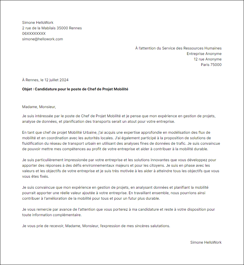 Modèle lettre de motivation pour le secteur Mobilité Exemple lettre de motivation pour le secteur Mobilité
