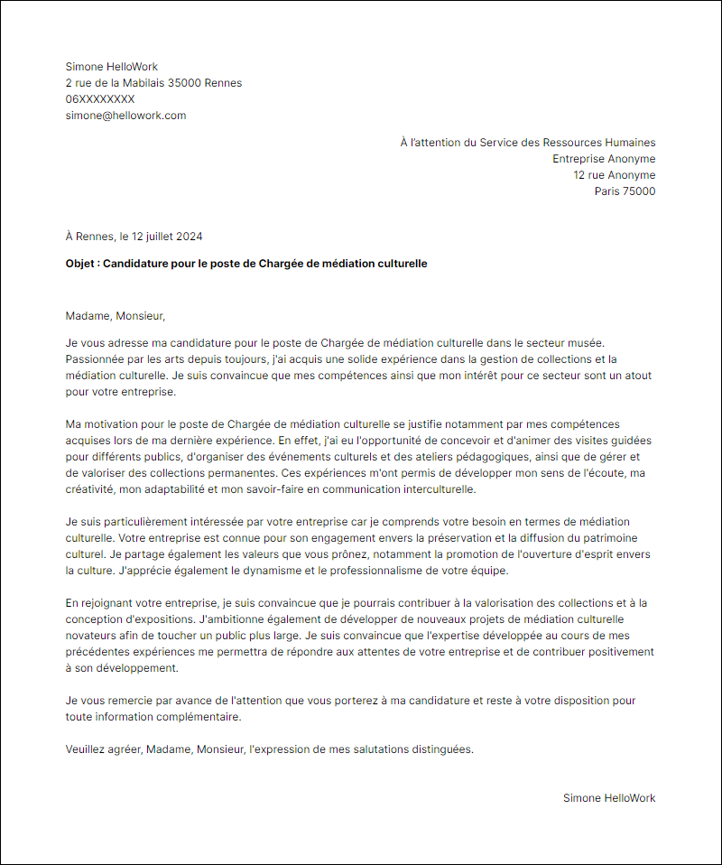 Modèle lettre de motivation pour le secteur Musée Exemple lettre de motivation pour le secteur Musée