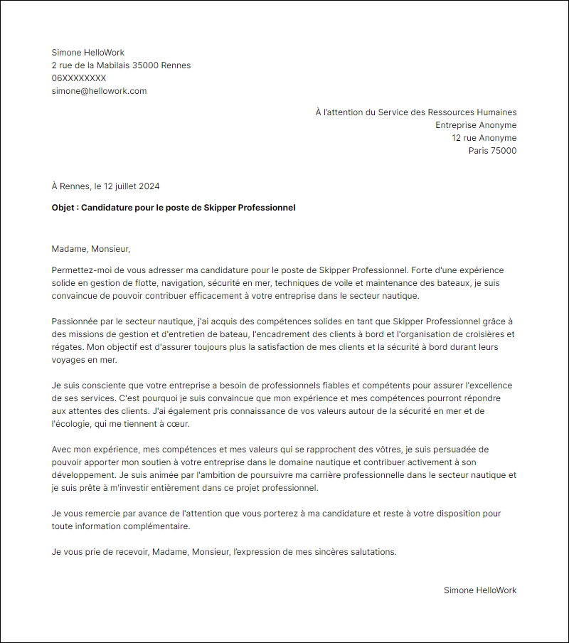 Modèle lettre de motivation pour le secteur Nautique Exemple lettre de motivation pour le secteur Nautique