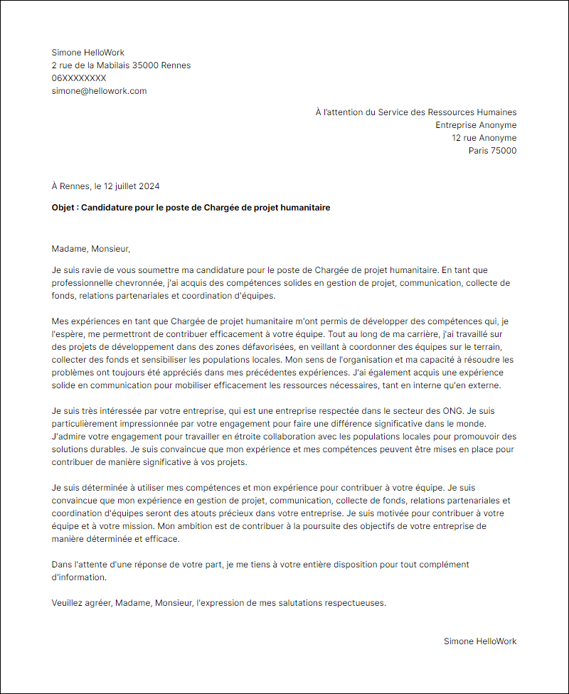 Modèle lettre de motivation pour le secteur Ong Exemple lettre de motivation pour le secteur Ong