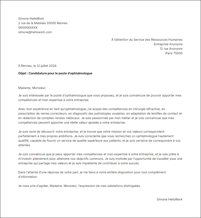 Modèle lettre de motivation en tant que Ophtalmo Exemple lettre de motivation en tant que Ophtalmo