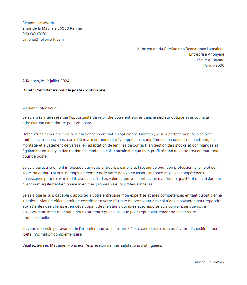 Modèle lettre de motivation pour le secteur Optique Exemple lettre de motivation pour le secteur Optique