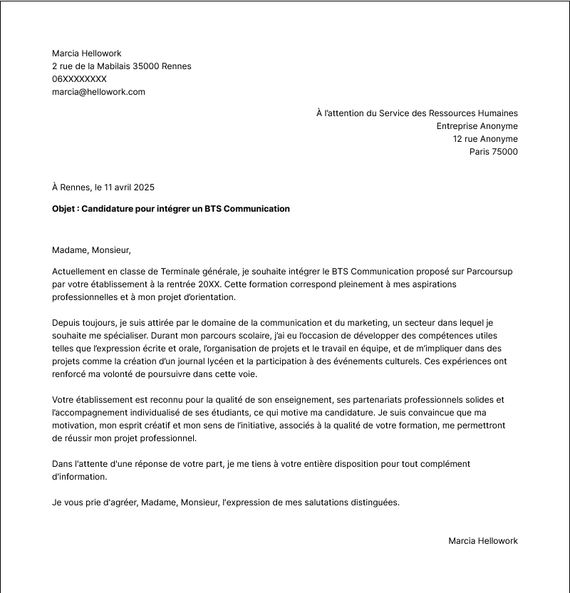 Modèle lettre de motivation Parcoursup Exemple lettre de motivation Parcoursup