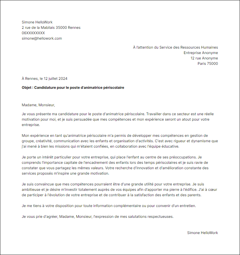 Modèle lettre de motivation pour le secteur Périscolaire Exemple lettre de motivation pour le secteur Périscolaire