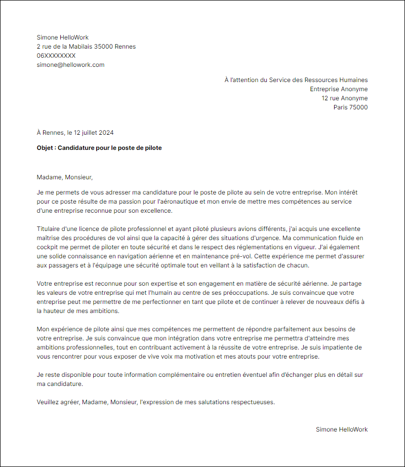 Modèle lettre de motivation en tant que Pilote Exemple lettre de motivation en tant que Pilote