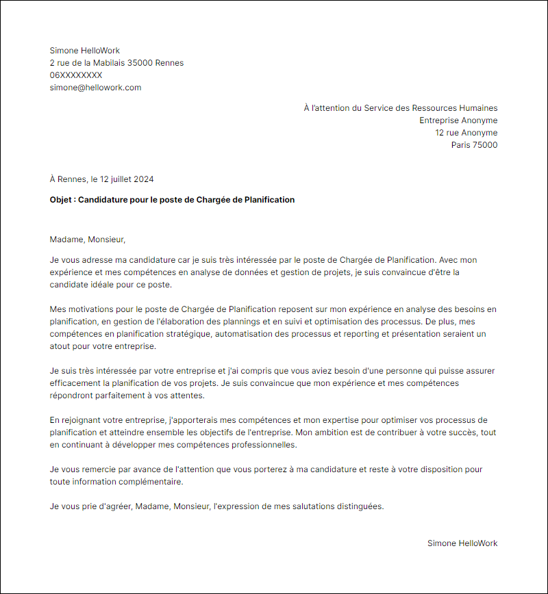 Modèle lettre de motivation pour le secteur Planification Exemple lettre de motivation pour le secteur Planification