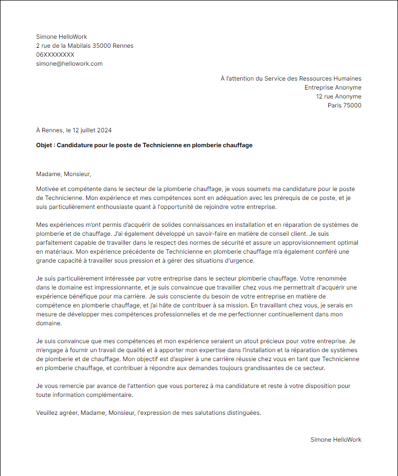Modèle lettre de motivation pour le secteur Plomberie chauffage Exemple lettre de motivation pour le secteur Plomberie chauffage