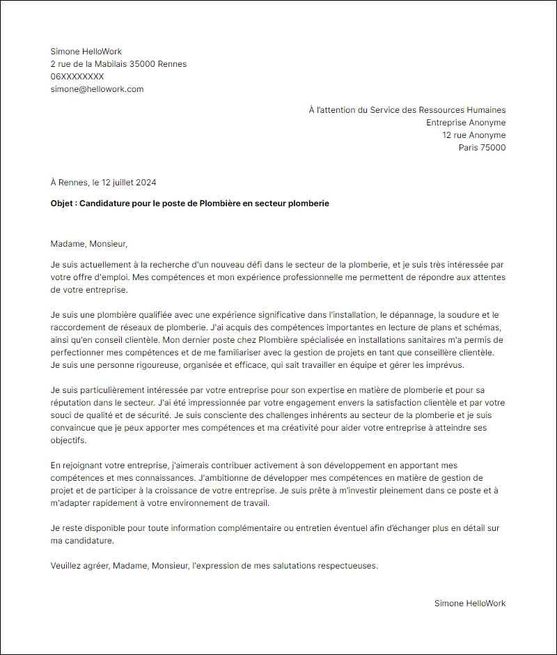 Modèle lettre de motivation pour le secteur Plomberie Exemple lettre de motivation pour le secteur Plomberie
