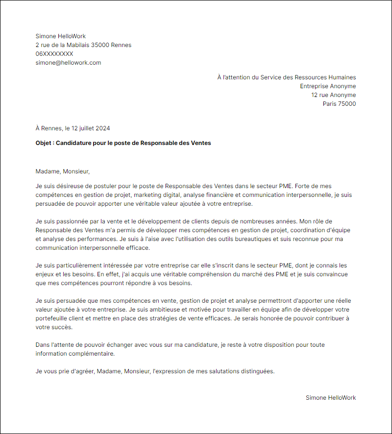 Modèle lettre de motivation pour le secteur Pme Exemple lettre de motivation pour le secteur Pme