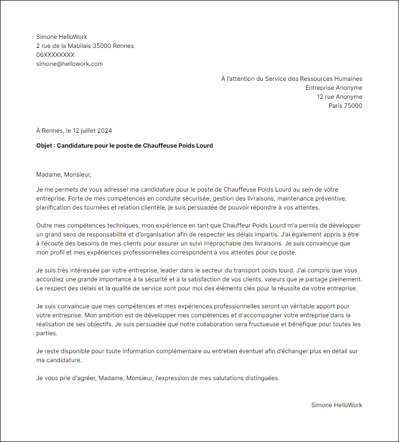 Modèle lettre de motivation pour le secteur Poids Lourd Exemple lettre de motivation pour le secteur Poids Lourd