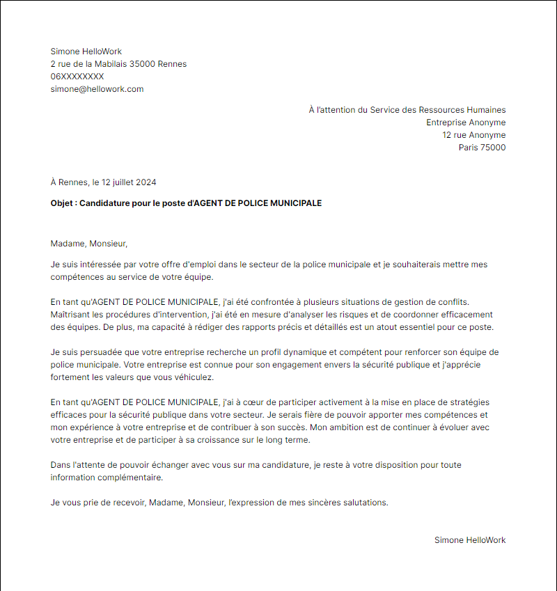 Modèle lettre de motivation pour le secteur Police Municipale Exemple lettre de motivation pour le secteur Police Municipale