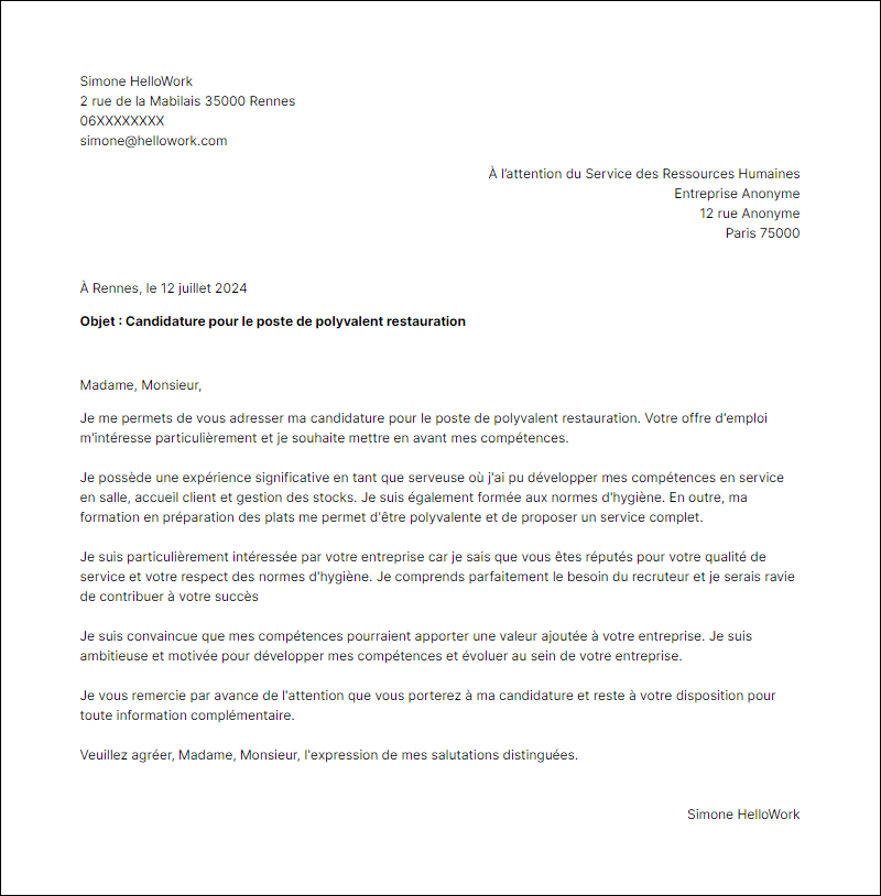 Modèle lettre de motivation en tant que Polyvalent restauration Exemple lettre de motivation en tant que Polyvalent restauration