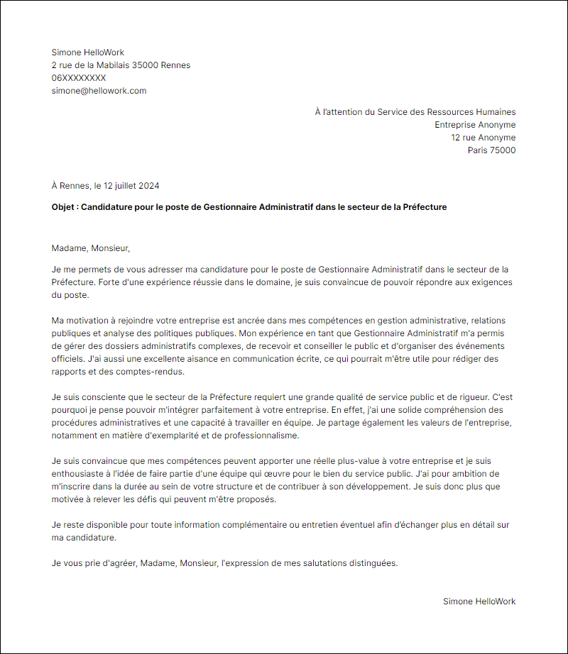 Modèle lettre de motivation pour le secteur Prefecture Exemple lettre de motivation pour le secteur Prefecture
