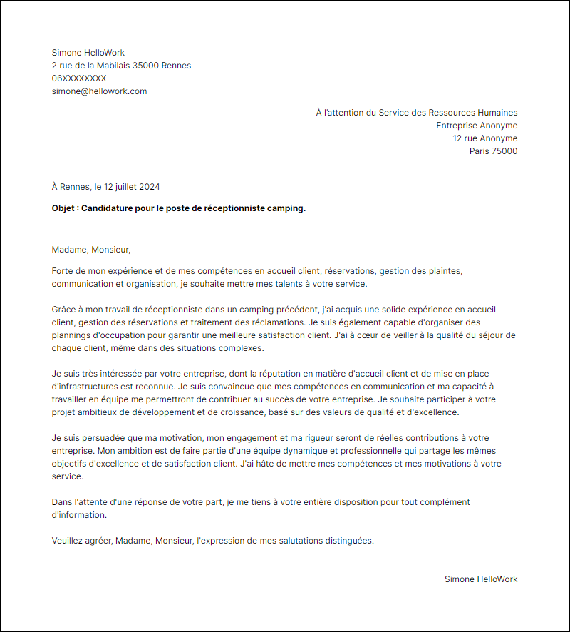 Modèle lettre de motivation en tant que Receptionniste Camping Exemple lettre de motivation en tant que Receptionniste Camping