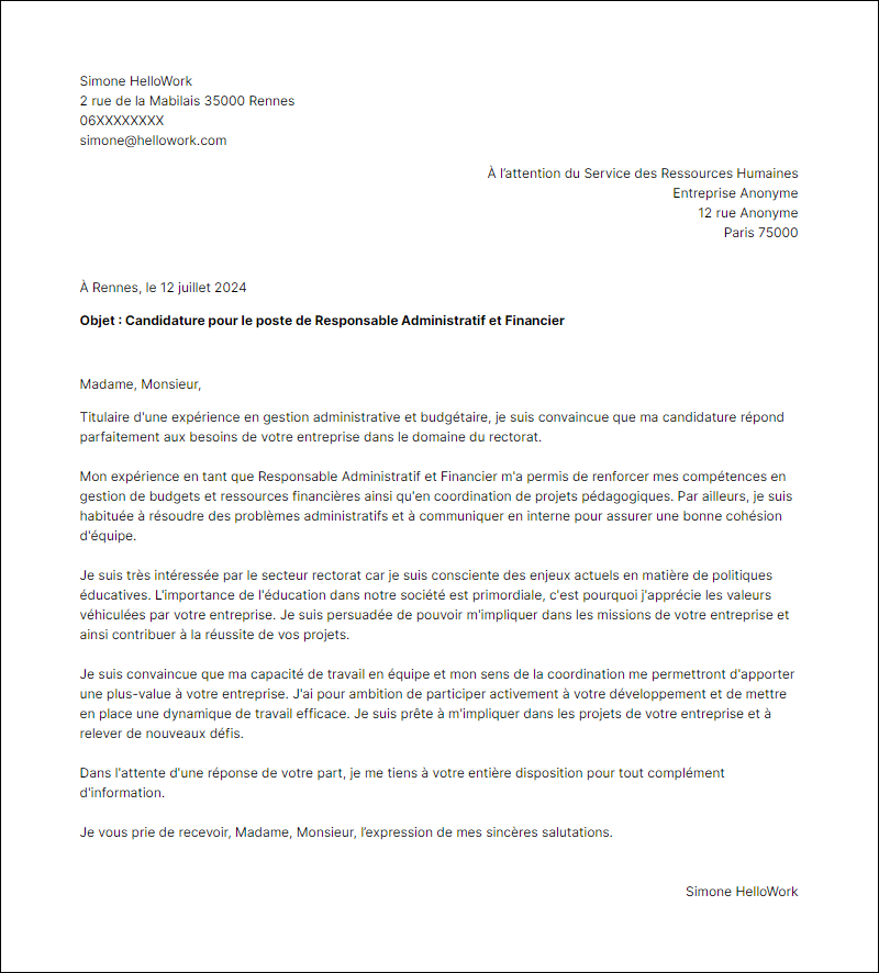 Modèle lettre de motivation pour le secteur Rectorat Exemple lettre de motivation pour le secteur Rectorat
