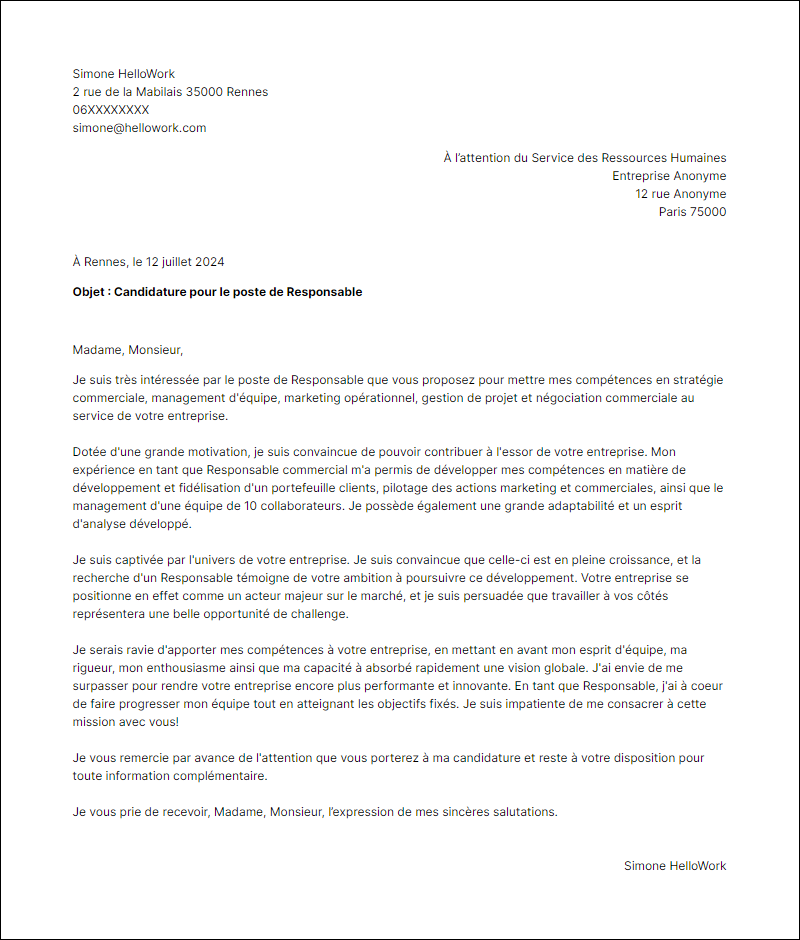 Modèle lettre de motivation en tant que Responsable Exemple lettre de motivation en tant que Responsable