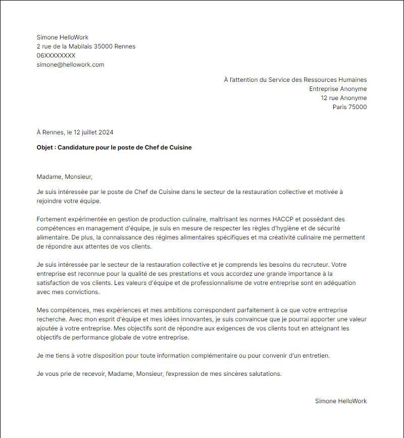 Modèle lettre de motivation pour le secteur Restauration collective Exemple lettre de motivation pour le secteur Restauration collective
