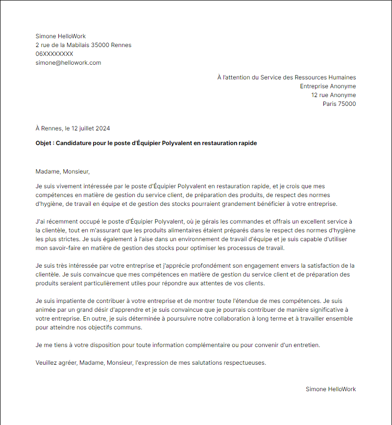 Modèle lettre de motivation pour le secteur Restauration rapide Exemple lettre de motivation pour le secteur Restauration rapide