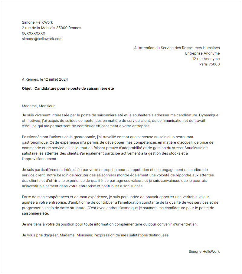 Modèle lettre de motivation en tant que Saisonnier été Exemple lettre de motivation en tant que Saisonnier été