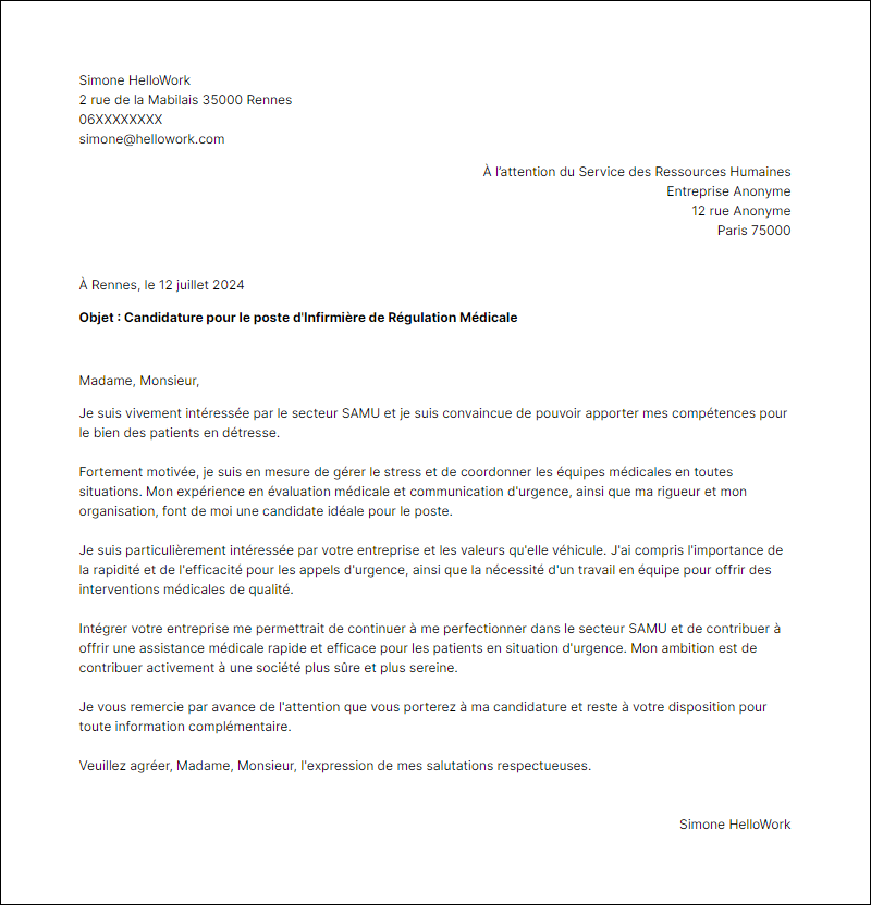 Modèle lettre de motivation pour le secteur Samu Exemple lettre de motivation pour le secteur Samu