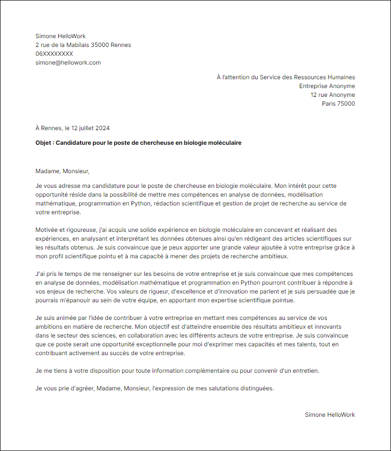 Modèle lettre de motivation pour le secteur Sciences Exemple lettre de motivation pour le secteur Sciences